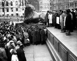 Photo of Nigerians during a rally in Trafalgar Square, London protesting against the shootings of 21 striking coal miners at the Iva Valley Coal Mine in Enugu on the 18th of November, 1949.