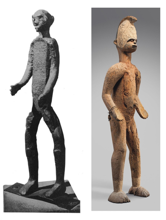 The wrought-iron figure from the late 18th century is shown next to an Igbo ancestral shrine figure made of wood from the 19th or 20th century, displayed by Christie's.