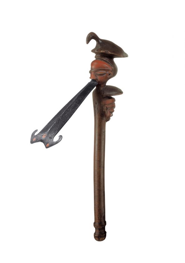 Early 20th-century Adze, crafted by a Central Pende artist in the Democratic Republic of the Congo. Made of iron, wood, copper, and pigment. By Felix Collection.