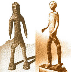 (left) Eastern Bamana forged iron figure, no date. (right) Iron figure from blacksmiths shop, slave quarters, 18th century Virginia.