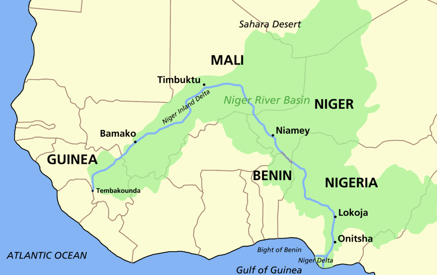 Map of the Niger River showing its watershed and inland delta.