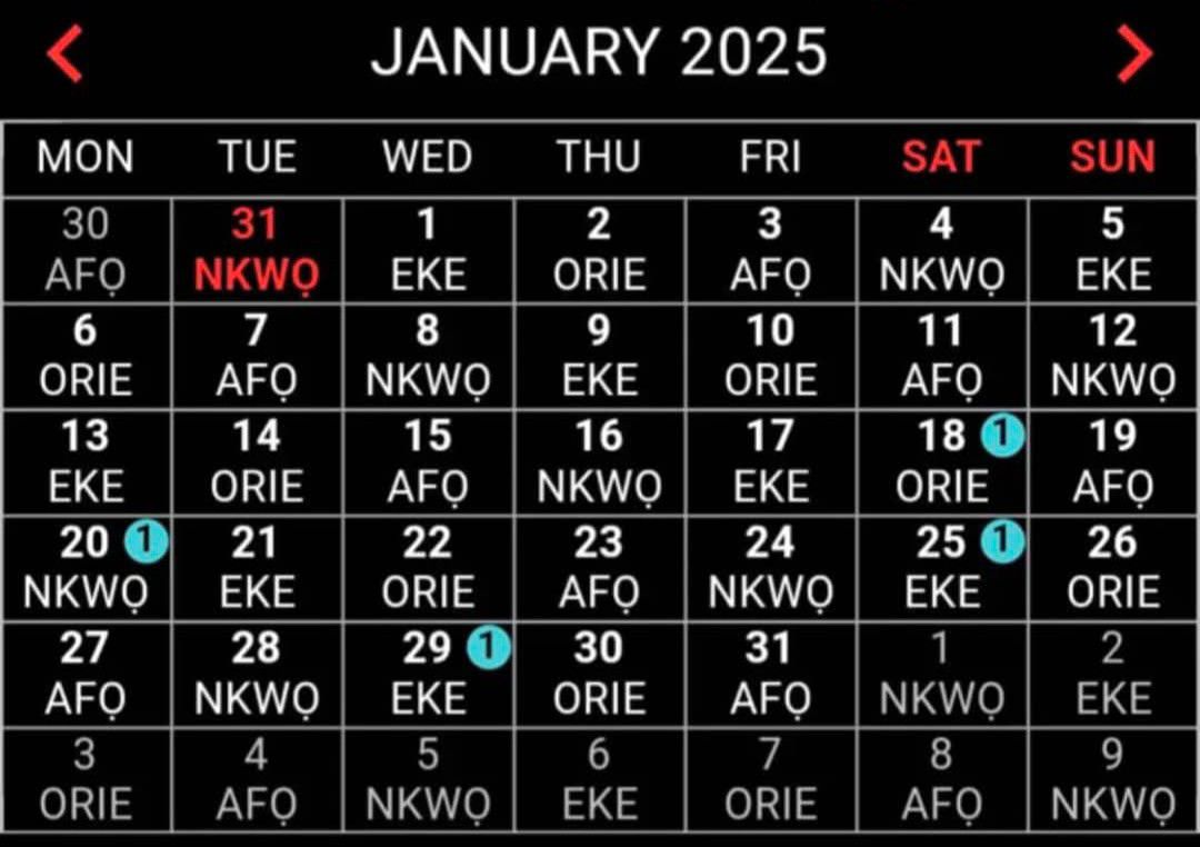 Igbo Calendar 2025 with Market days