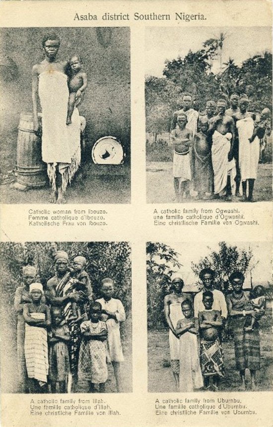 Postcard showing Catholic families from western Igbo towns, photographed by M. Friedrich in the early 20th century.