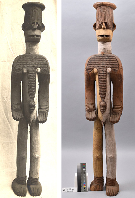Left: A photo of the Ngene figure, likely taken in the 1930s and kept at the British Museum, shows the right foot still complete.Right: A photo taken by George Agbo in 2018 at the Museum of Archaeology and Anthropology shows the figure with a broken foot.