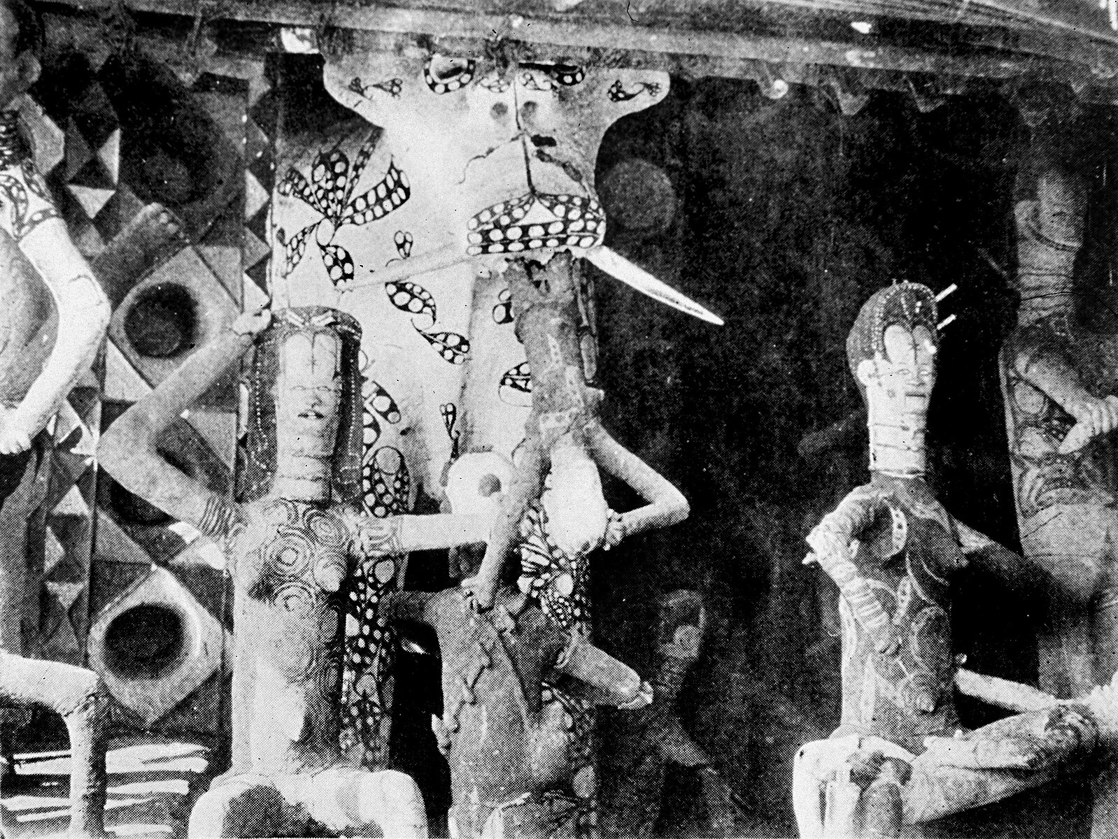 Black-and-white photo of Igbo mbari shrine carving with hippo motif