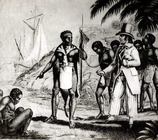 An African merchant selling slaves to a European in Isabelle Aguet, A Pictorial History of the Slave Trade (Geneva: Editions Minerva, 1971), 18.