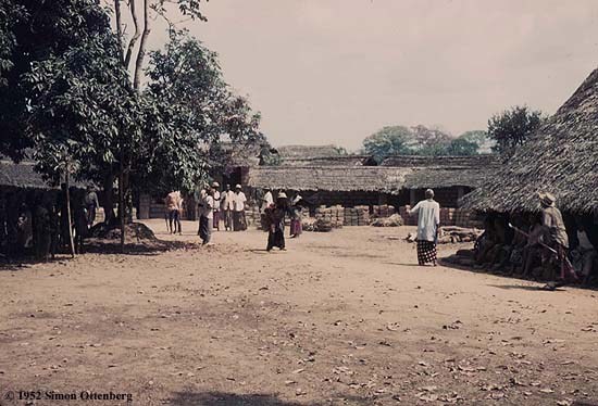 Archival photo of Igbo village square and community huts.”