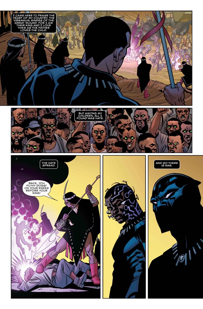 Comic panels showing Black Panther addressing a crowd and witnessing conflict in Wakanda.