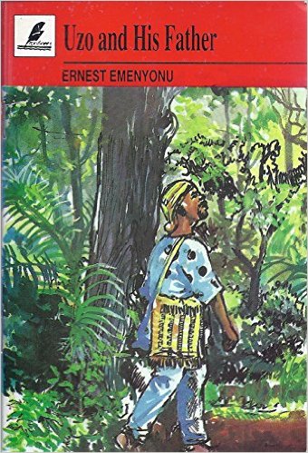 Cover of the book *Uzo and His Father* by Ernest Emenyonu, showing a young boy walking through a lush forest.