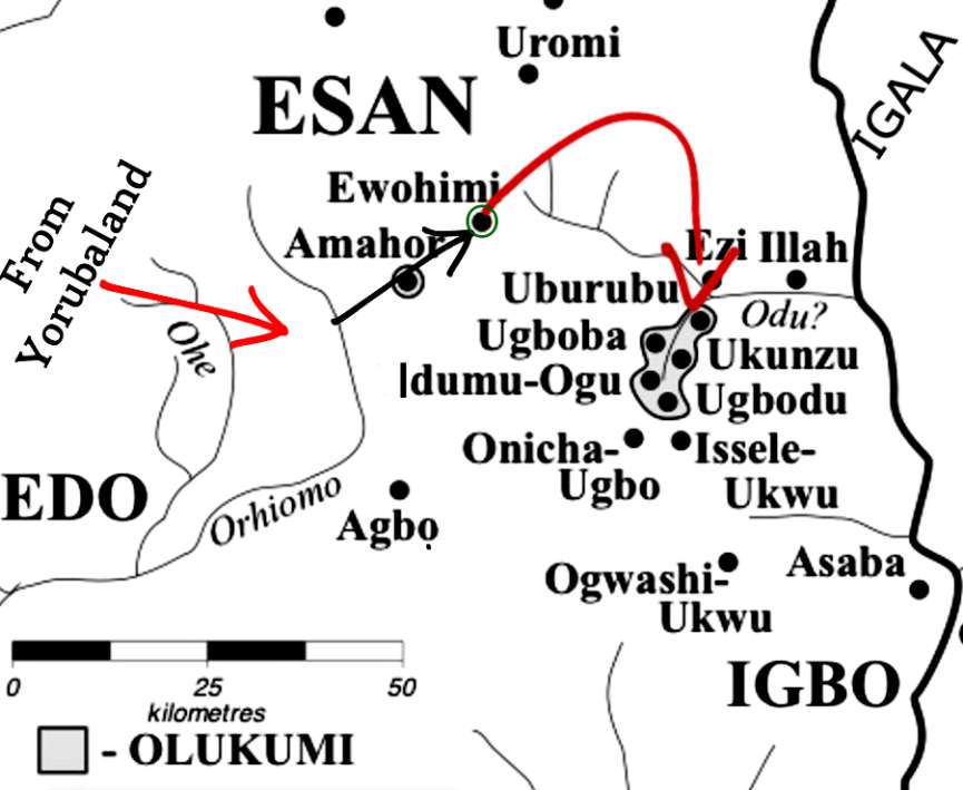 The Olukumi migration pattern to their present location in Igboland.